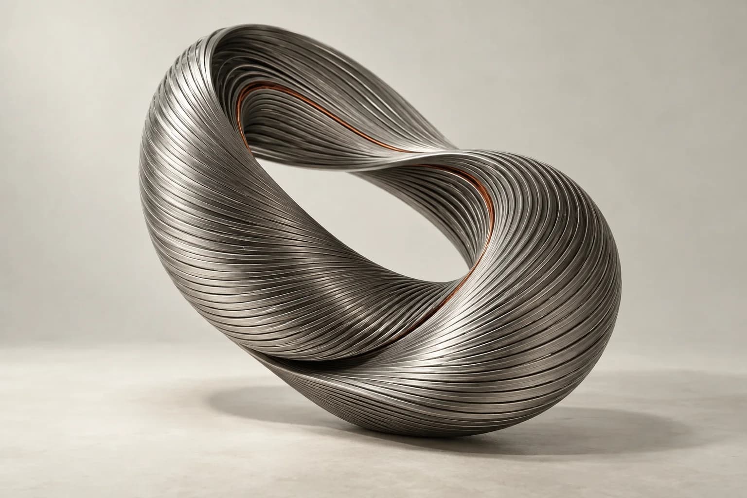 A folded ribbon sculpture woven from fine titanium strands.